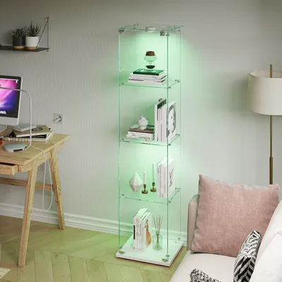 Produktbild von ProximaX Glasvitrine mit Einzeltür und 4 Ebenen, Push-LED-Beleuchtung, weißer Boden, hochtransparentes gehärtetes Glas, einfache Montage, elegante Präsentation