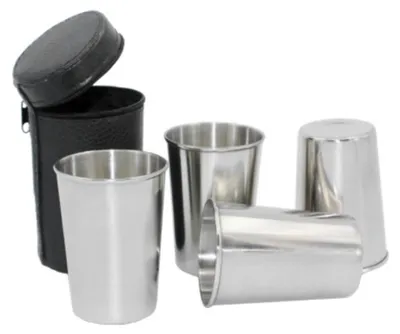 Produktbild von 4er-Set tragbare Mini-Campingbecher aus Edelstahl (170 ml) für Bier und Whisky mit Deckel