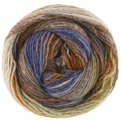 Produktbild von Lana Grossa GOMITOLO INTENSO 200 g Dochtgarn mit unregelmäßigem Ringeleffekt 700 m  Farbe 235 - Dotter-/Senfgelb/Eierschale/Graubeige/Violett/Jeans/Grau