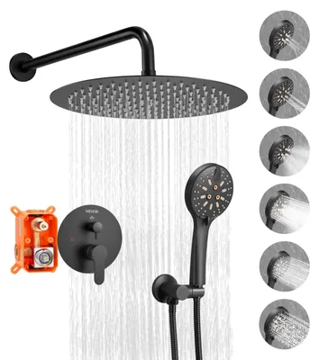 Immagine prodotto di VEVOR miscelatore doccia a pioggia per il bagno Sistema doccia con soffione a pioggia rotondo da 305 mm e doccetta, rubinetti da bagno a parete con valvola in ottone e set decorativo, nero opaco