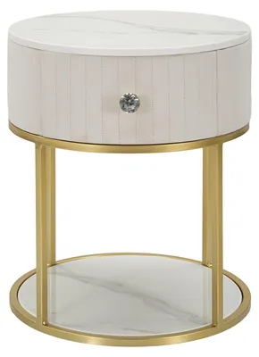Imagen del producto de Mesita de noche Mauro Ferretti, modelo Montpellier, diámetro 42 cm, altura 48 cm, color crema, blanco y dorado