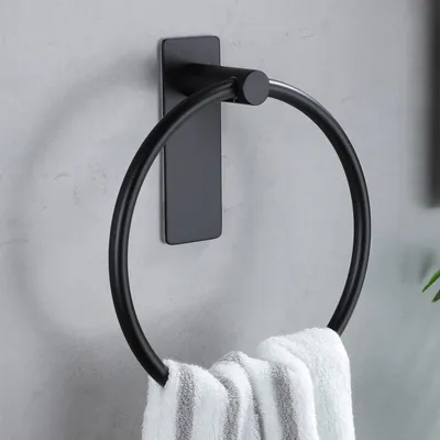 Image de Anneau porte-serviettes noir Anneau porte-serviettes Sans percer Barre porte-serviettes pour cuisine et salle de bains, autocollant Acier inoxydable