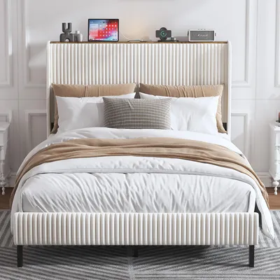 Produktbild von Bettrahmen gepolstertes Plattformbett mit Stoffköpfchen, Flügelkantendesign/Nicht-Rutscht- und Rauchfreien/Metalllatten/No BoxSpre 140*200