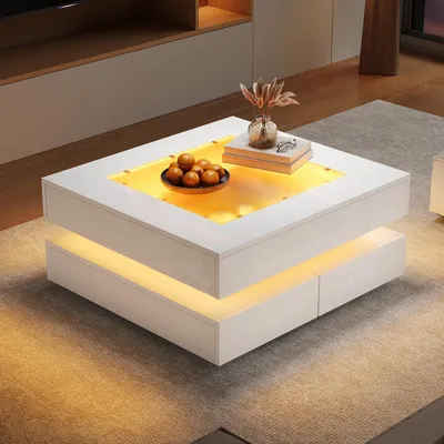 Produktbild von Weißer Couchtisch 70x70x35 cm mit 3 Schubladen LED gehärteter Glasplatte & Hochglanz