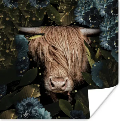 Produktbild von MuchoWow® Poster Schottisches Hochlandrind - Blumen - Blätter - Licht 50x50 cm - Wohnzimmerdekoration