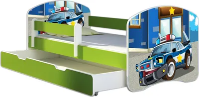 Produktbild von ACMA Jugendbett Kinderbett Junior-Bett Komplett-Set mit Matratze Lattenrost und Rausfallschutz Grün 38 Polizei 140x70 + Bettkasten
