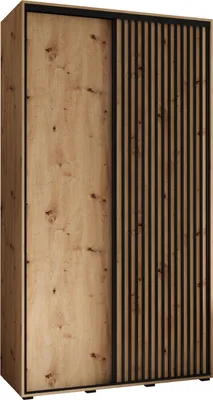 A wardrobe with two sliding doors, one with a wood grain finish and the other with vertical slats.