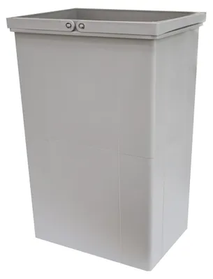 A light gray plastic trash can insert with a hinged lid.