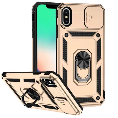 Immagine prodotto di Custodia per iPhone XS / iPhone X a doppio strato con cover fotocamera scorrevole e supporto ad anello Oro