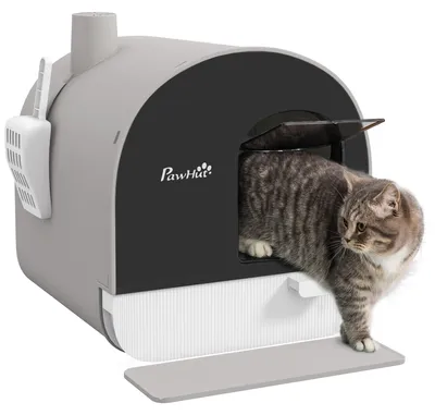 Productafbeelding van Kattenbak met deksel, schepje, opvangmatje, kunststof, grijs/zwart
