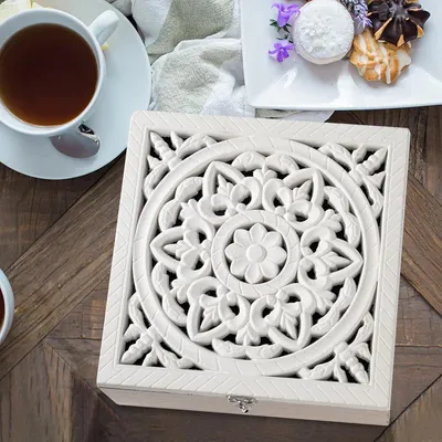 Image de Boîte à thé vintage en bois - style boho - Organiseur 9 compartiments - Blanc