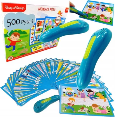 A collage of a children's educational game featuring a talking pen and cards, with multiple pens and cards displayed.