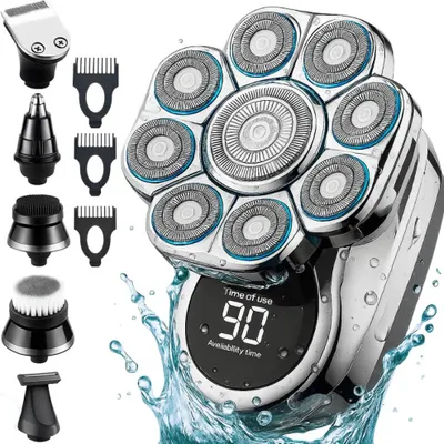 Obrázok produktu pre Multifunkčný elektrický holiaci strojček Linomag®, Profi, 9D 6 v 1, vodotesný, výdrž batérie 90 minút, nabíjateľný cez USB, holiaci strojček na hlavu, bradu, nos a kontúry, strieborný