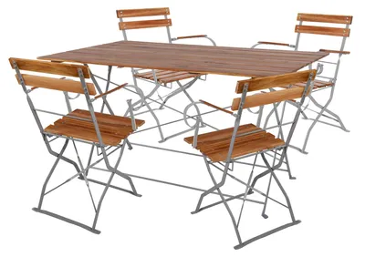 Produktbild von Klapptisch + 4 Klappstühle klappbar mit Armlehne Stahl Akazieholz Biergarten Set 120x70cm