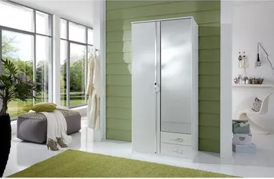 Image de Armoire 2 portes battantes miroir, Blanc brillant, 91 x 56 x 199 cm, 2 tiroirs