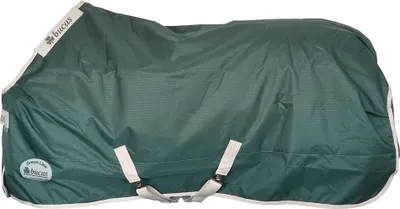 A dark green horse blanket laid out on a white background.