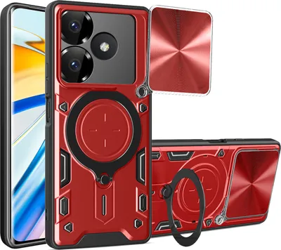 Produktbild von Handyhülle für Xiaomi Redmi 13 Dual-Layer Stoßfest Rüstung Hülle mit Dia Kameraschutz und Kreisförmig Ring Ständer Rot