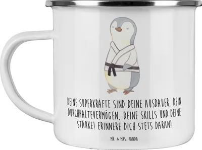 Produktbild von Mr. & Mrs. Panda Teetasse Sportliche Wettkämpfe Superkräfte - Weiß - Geschenk, Emaille Becher, Trost, Entschlossenheit, Pott, Geschenkideen, Teebecher, Ausdauer, Fans