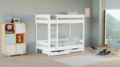 Produktbild von Etagenbett 'Rocky' 160x80 Kinderbett mit Rausfallschutz & Lattenrost weiß 80 x 160 für Mädchen und Jungen Massivholz Kiefer und MDF Möbelplatte, mit Matratzen und Schubladen
