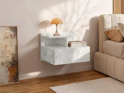 Produktbild von Nachttisch, hängend – 1 Schublade – Optik weißer Marmor – AZELNO
