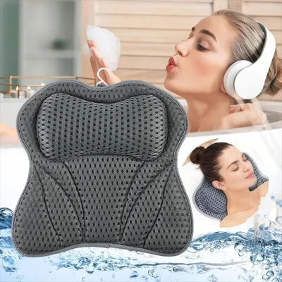 Produktbild von 4D Badewannenkissen Grau 42 × 43 × 6 cm, ergonomisches Schmetterlings-Design, mit 6 starken Saugnäpfen für rutschfesten Halt, atmungsaktives