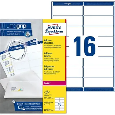 Produktbild von Avery L7162-100, Weiß, Papier, 99.1 x 33.9 mm, A4, 100 Blätter, 1600 Stück(e)