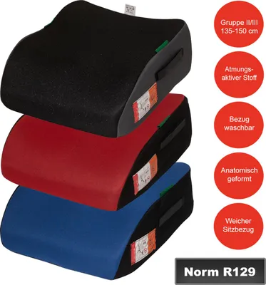Three car seat booster cushions stacked on top of each other, in black, red, and blue. Red circles with text are on the right side of the image.