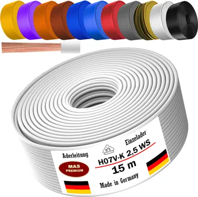 Immagine prodotto di Cavo di alimentazione flessibile, sezione 1x2,5 mm², tipo H07 V-K, isolamento in PVC bianco, per installazioni interne, lunghezza 15 metri