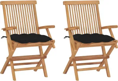 Produktbild von Cloris Designermöbel Gartenstühle mit Schwarzen Kissen 2er Set Massivholz Teak 2024 Neu