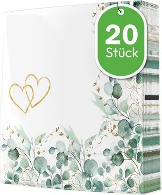 Produktbild von 20 Servietten Eucalyptus Frame Hearts - Eukalyptus Bordüre Herzen 40x40cm