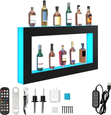 Immagine prodotto di Scaffale da bar per vini con illuminazione a LED - Scaffale a parete a 2 livelli - Espositore per vini da 121 cm per la vostra casa