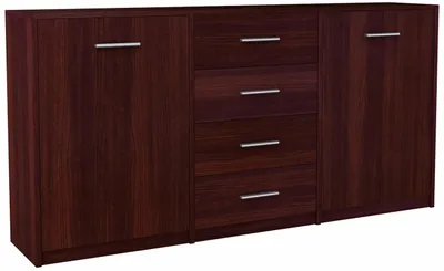 A dark brown sideboard with two doors on the left and right and four drawers in the center, shown against a white background.