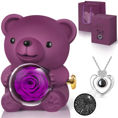 Konservierte Rosen-Geschenkbox mit Bär & Kette, lila