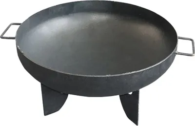 A black metal fire bowl with handles and legs, shown against a white background.