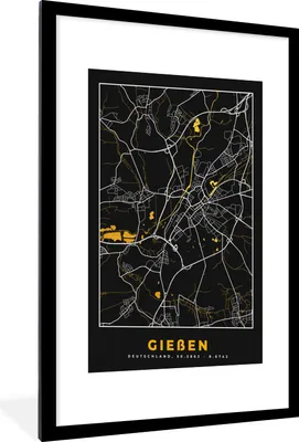 Produktbild von MuchoWow® Gerahmtes Poster Deutschland - Schwarz und Gold - Gießen - Stadtplan - Karte 60x90 cm - Poster mit Schwarzem Bilderrahmen Wandposter Rahmen Foto Bilder - Dekoration - Wandposter Wohnzimmer - Hochwertig