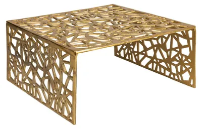 Couchtisch Aluminium Gold 60x60 cm mit durchbrochener Tischplatte aus goldfarbenem Aluminium in Gesamtansicht.