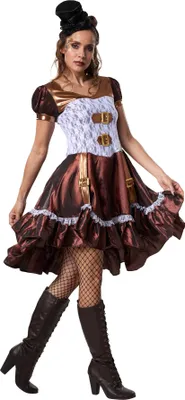 A woman modeling a steampunk-style dress.