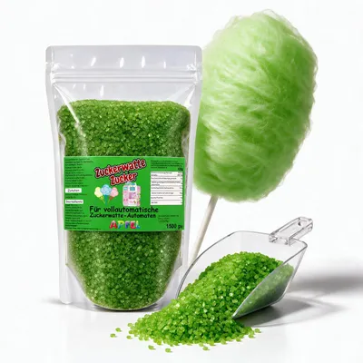 Obrázok produktu pre Hrubý cukor na cukrovú vatu jablko zelený 1,5 kg vrecko pre automaty na cukrovú vatu
