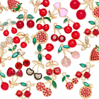 30 Frucht-Anhänger Erdbeere Kirsche, Legierung, Emaille, DIY