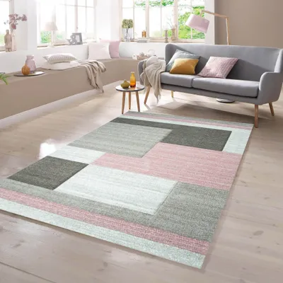 Produktbild von Designer Teppich mit Konturenschnitt Karo Muster Pastellfarben Rosa Creme Beige Größe - 240 x 340 cm