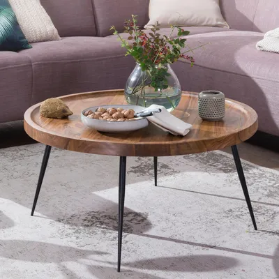 Obrázek produktu pro Konferenční stolek FineBuy z masivního dřeva sheesham, kulatý, Ø 75 cm – obývací stolek s kovovými nohami | Designový stolek ručně vyrobený v retro stylu | stabilní