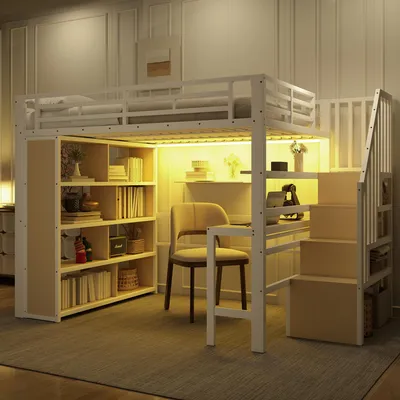 Image de Lit superposé Merax 140 x 200 cm, lit superposé avec bureau, escalier avec espace de rangement, compartiments de rangement, bande lumineuse LED, lit pour enfant, lit superposé, blanc
