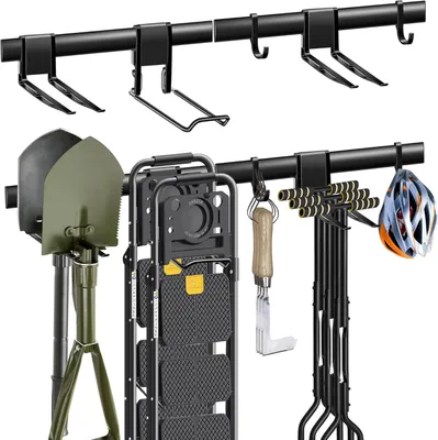 Obrázek produktu pro Držák na zahradní nářadí, ocelový, sada 2 kusů, 43 cm, 5 háčků, pro montáž na zeď, vhodný do garáže