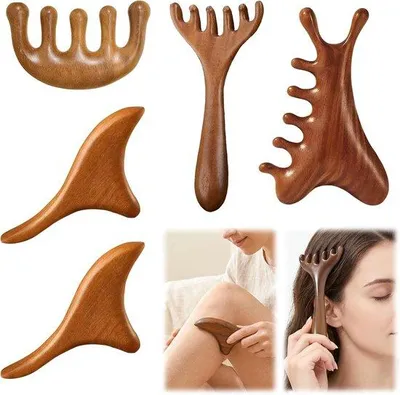 Produktbild von 4 verschiedene Massagegeräte für Massage und Entspannung, ein Massageset aus natürlichem Holz mit effektiver Wirkung