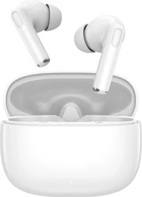 A pair of white wireless earbuds and their charging case.