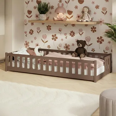Produktbild von Kids Collective Kinderbett Bodenbett mit Rausfallschutz Lattenrost und Matratze Montessori Bett Bed Gitterbett Kinder Jugendbett Einzelbett | 80x180 cm | Milchschokolade