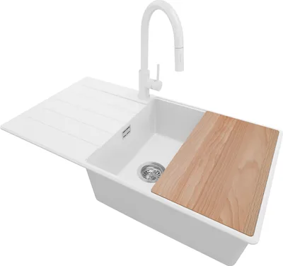 Produktbild von PRIMAGRAN Granitspüle Weiß 90x50cm, Spülbecken 1 Becken + Küchenarmatur 40x20cm + Ablauf-Set + Schneidebrett, Küchenspüle ab 60er Unterschrank - Kopenhagen