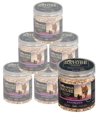 Produktbild von Dehner Wild Nature Katzensnack, Premium Leckerli glutenfrei / zuckerfrei, für ernährungssensible Katzen, gefriergetrocknet, Kaninchen, 6 x 20 g (120 g)