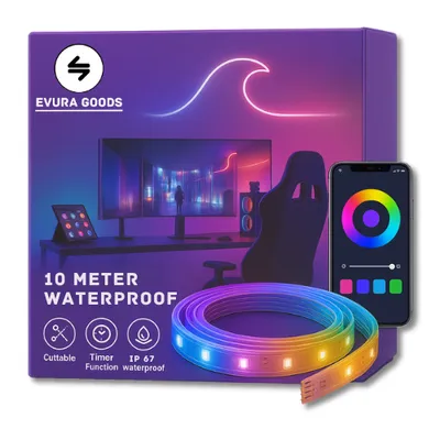 Produktbild von Evura Goods - Led-Streifen 10 Meter - Wasserdicht IP65 - RGB - Fernbedienung & Telefon-App - Led-Streifen wasserdicht - dimmbar - Außenbeleuchtung -