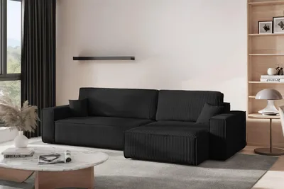 Image de Canapé d'angle avec fonction sommeil et coffre de lit BEST XL, tissu Poso velours côtelé épais, noir, droite